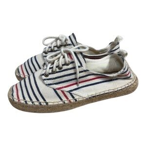 Soludos Oxford Lace-Up Espadrilles Red Navy Striped Canvas Platform Sz 7 NWOB